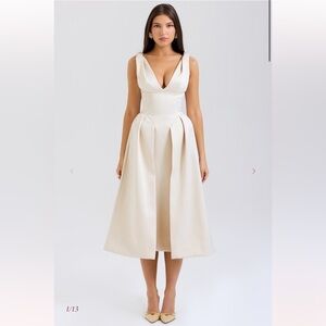 HOUSE OF CB "Paloma" Vintage Cream Satin Pleated Midi Dress NWOT